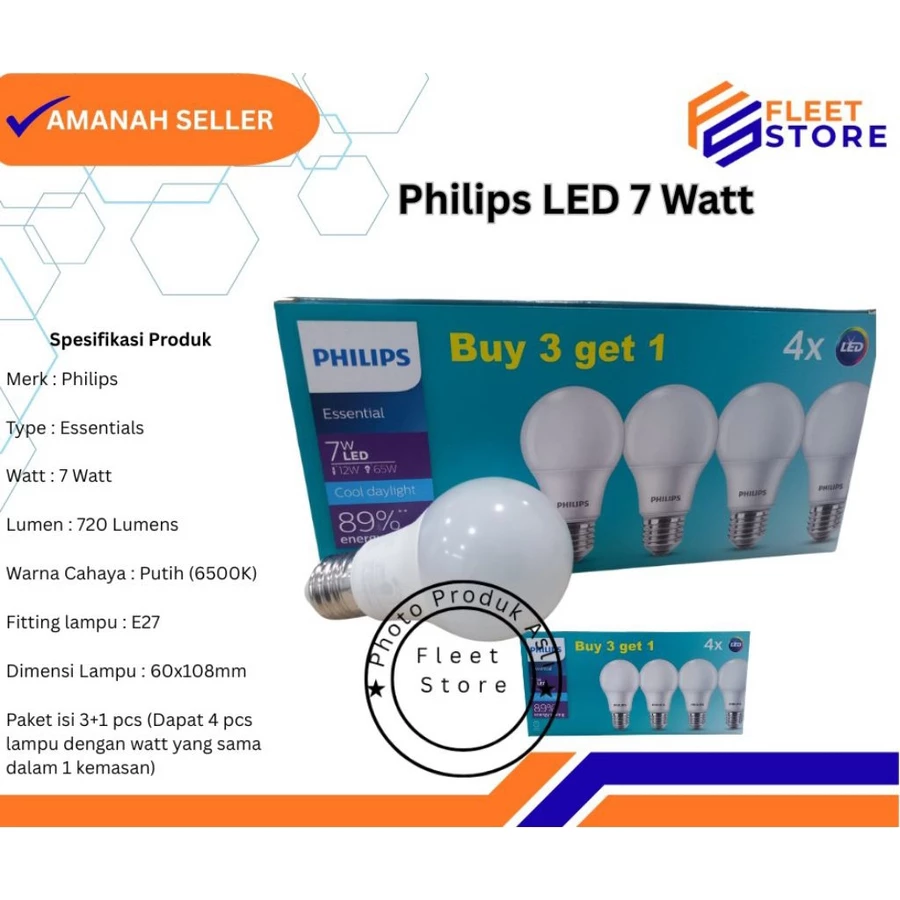 Lampu Philips LED Ess paket 7 Watt buy 3 get 1