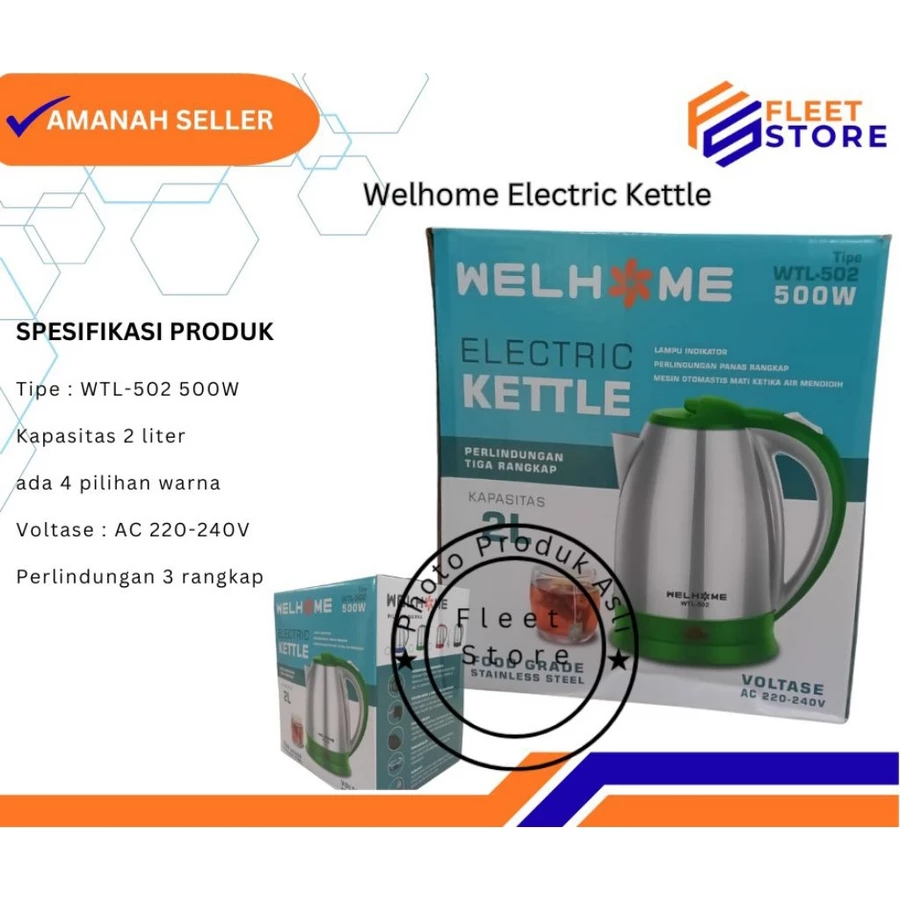 Welhome Kettle Teko listrik kapasitas 2 liter food grade dengan stainless steel